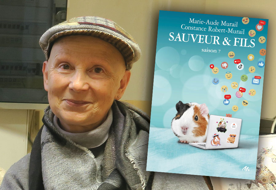Portrait photographique de l’autrice Marie-Aude Murail avec un photomontage de la couverture du livre écrit avec sa fille Constance Robert-Murail : « Sauveur & fils » (saison 7)