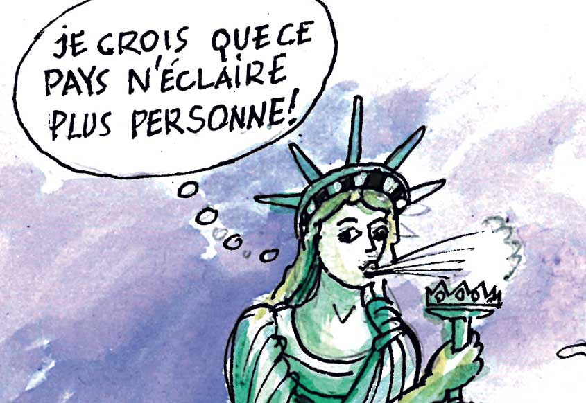 Portrait à l’encre noire de Lucie Castets, à côté d’une plante. Un rat qui parle est assis dans l’angle inférieur droit du cadre. Dans une première bulle, Lucie Castets se présente : « Je m’appelle Lucie Castets. Je suis une jeune femme, instruite, intelligente et ouverte… » Dans une seconde bulle elle poursuit avec une question : « …Pourquoi le président ne veut-il pas me nommer Première ministre ? » Le rat lui crie sa réponse : « Il a peur que tu lui voles la vedette ! »